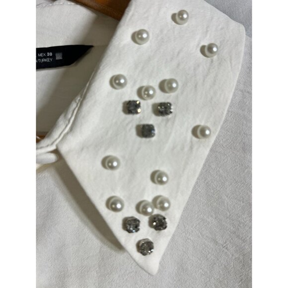 Zara Ivory Blouse with Pearl Rhinestone Collar Size Large  E8 - Picture 6 of 7